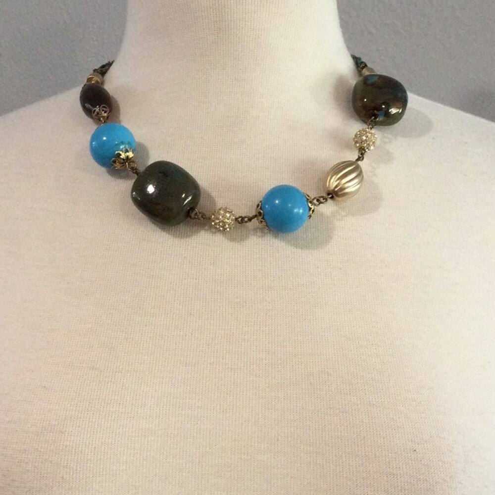 Blue, Gold, Brown Rhinestone Beads Braided Leather Necklace